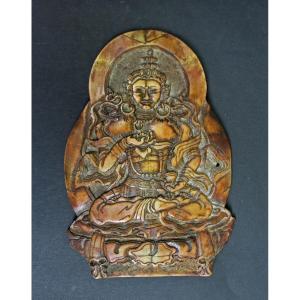 Antique Tibetan Buddhist Bone Carved Plaque Bodhisattva Vajrasattva, 17th Century.