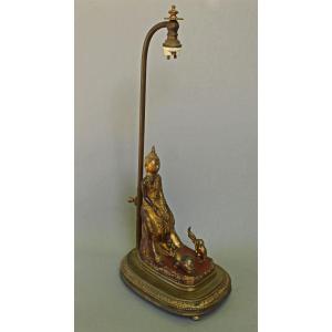 Antique Thai Gilt Bronze Rattanakosin Buddha Lamp, Full Honey Moon Festival