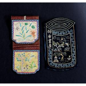 Two Antique Chinese Embroidered Silk Purses