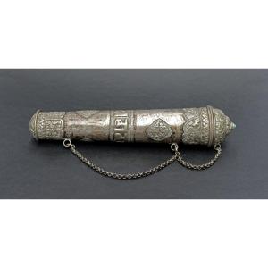 Antique Tibetan Silver Prayer Scroll Case Gau Buddhist Sutra Mantra Auspicious Symbols
