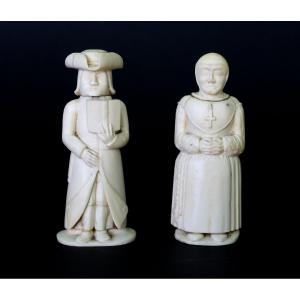 Pair Of 18th–19th Century Spanish Or Portuguese Colonial Bone Carvings – Cleric And Nun