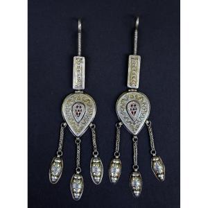 Antique Turkmen Tenetschir Pendants – Silver& Carnelian, Tekke Tribe Earrings 