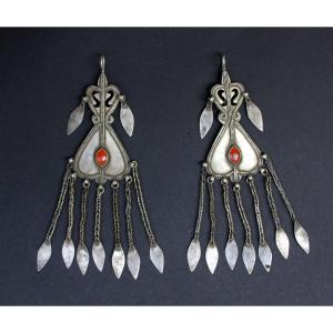Pair Of Tekke Turkmen Tribal Silver Earrings With Carnelian And Pendant Chains