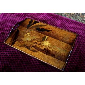 émile Gallé – Large Floral Marquetry Serving Tray, Circa 1900 Art Nouveau Signed