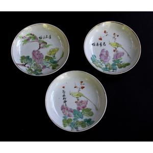 3 Antique Chinese  Porcelain Dishes Republic Period, Poetry, Flowers And Birds. Seal Marks
