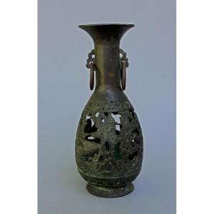 Antique Chinese Reticulated Bronze Vase With Scholars And Landscape Scenes ,qing Dynasty