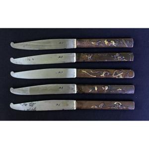 5 Kozuka Japanese Fruit Knives, Meiji Period, Mixed Metal Inlays