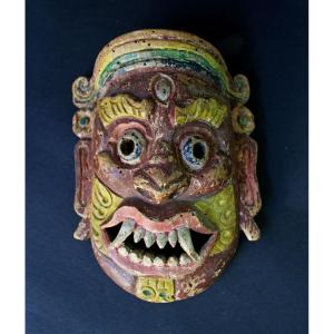 Antique Himalayan Buddhist Ritual Mask In Polychrome Wood – Nepal Or Tibet, 