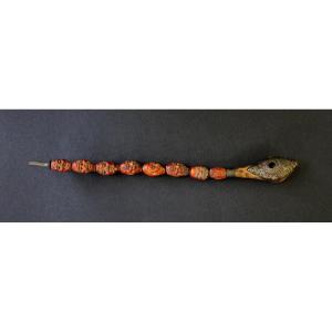 Antique Chinese Opium Pipe Carved Peach Stones (hédiāo 核雕) Faces, C19th