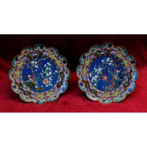 Pair Of Japanese Cloisonné Enamel Dishes With Floral Decoration, Meiji Period, 19th Century