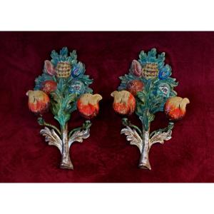 Pair Of Italian Carved And Painted Wooden Wall Sconces, Mid-20th Century