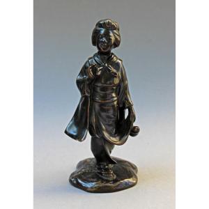 Antique Japanese Bronze Figure Of A Girl With Gourd, Signed Seiya, Meiji Period, 27.5 Cm