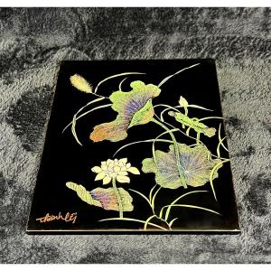 Vietnamese Lacquer Panel With Lotus Flowers, Signed Thành Lễ, Mid-20th Century