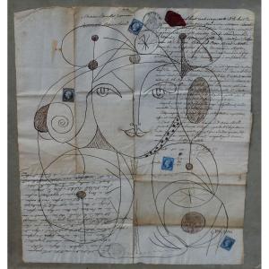 François Gangémi, Modernist Linear Drawing On 19th-c Manuscript With Stamps, C20th