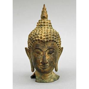 Antique Thai Bronze Buddha Head, Sukhothai Style, Late Ayutthaya–early Rattanakosin, 18th–19th 