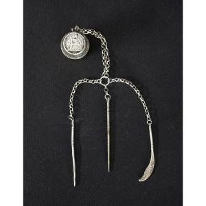 Vietnamese Silver Betel Lime Box With Tools, French Indo-china Coin Lid, 1902