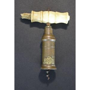 Victorian English Brass-barrel Corkscrew With Bone Handle & Brush, C19th