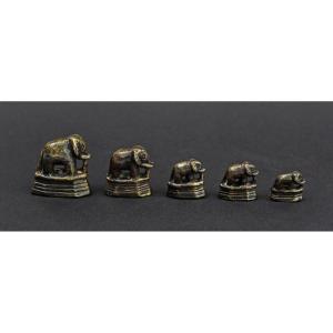 Set Of 5 Antique Burmese Bronze Elephant Opium Weights, 19th Century