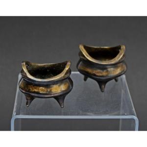Pair Of Antique Miniature Vietnamese Bronze Incense Burners, 19th Century