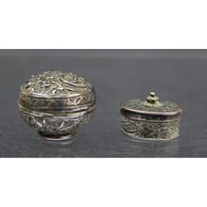 Pair Of Miniature Vietnamese Solid Silver Boxes, Circa 1900 Dolls House?