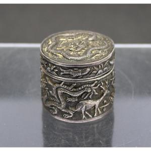 Antique Vietnamese Solid Silver Box, Dragons, Deer & Carp, Hallmarked
