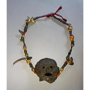 Ancient Himalayan Shamanic Ritual Necklace Amber Coral Tibetan Spirit Mask 
