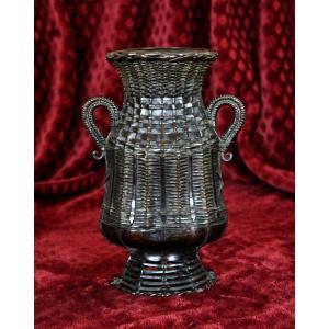 Antique Japanese Meiji Period Bronze Ikebana Flower Arranging Vase, Basket Form