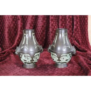 Pair Of Antique Vietnamese Bronze Vases, Archaic Chinese Style, French Indochina