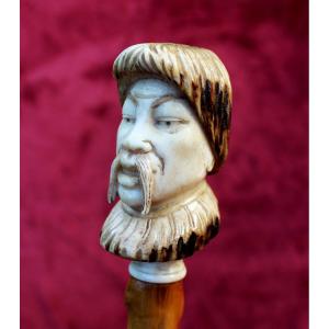 Antique Russian Siberian Elk Antler Portrait Head Walking Stick / Cane, C19th