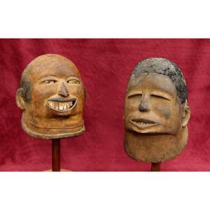 Antique Pair Makonde Helmet Masks (lipiko) Tanzania – Depicting European & African, C1900