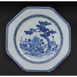 Antique Large Chinese Export Blue And White Porcelain Plate Cranes, Qianlong C18th