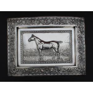 Antique Silver-plated Repoussé Metal Plaque – Thoroughbred Horse, Equestrian Subject, Circa 1900