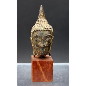 Antique Thai Bronze Buddha Head Fragment, Ayutthaya Period, 15th–16th Century