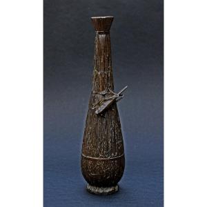 Antique Japanese Meiji Bronze Ikebana Vase Bundled Reeds With Grasshopper Japan
