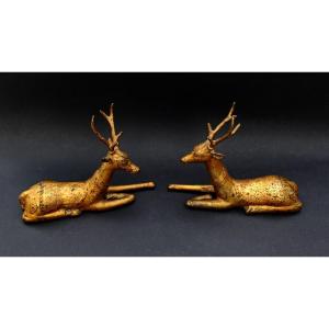 Antique Thai Gilt Bronze Reclining Temple Deer Pair, Buddhist Altar Figures, C19th 
