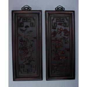 Pair Antique Chinese Carved Hardwood Wall Panels With Phoenix And Birds, Qing Dynasty