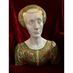 Antique Italian Cantagalli Florence Maiolica Life-size Bust Of A Renaissance Lady, C19th