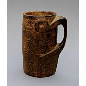 Antique Himalayan Carved Wooden Drinking Vessel Tankard, Nepal/tibet, 19th C
