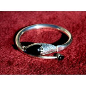 Vintage Tane Mexico Sterling Silver & Black Onyx Snake Bracelet, Acapulco 1997