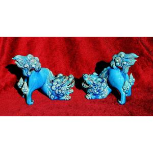 Antique Japanese Pair Karashishi Lions Turquoise Glaze Meiji, C19th