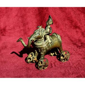 Ancient Indian Temple Toy Elephant With Mahout And Goad On Wheels, 19th Century