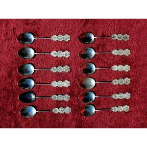 Antique Vietnamese Solid Silver Tea Spoons Set Of 12 Nguyen Dynasty