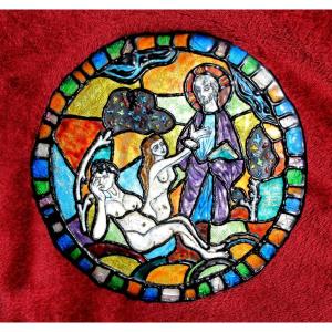 Mid Century Limoges Enamel Plaque The Creation Of Eve, Stained Glass Chartres Lucienne Martin,