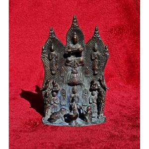 Antique Thai Bronze Buddhist Votive Panel Shrine Merit-making Scene, 19th Century