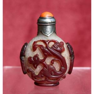 Antique Chinese Snowflake Ruby Glass Overlay Cameo Snuff Bottle Chilong Coral Silver C1780–1850