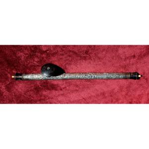 Antique Chinese Silver Opium Pipe With Figural Decoration & Ceramic Bowl, 59 Cm, C19th