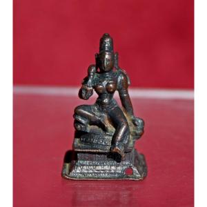Antique Indian Chola Bronze Miniature Of Parvati Seated On A Lion, C12th–13th Hindu Goddess