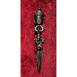 Antique Tibetan Buddhist Bronze Phurba Ritual Dagger, Unusual Small Size, 19th Century