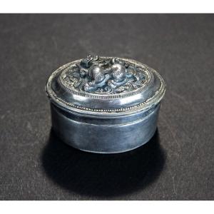 Khmer Cambodian Solid Silver Betel Lime Box, 19th Century Singa Lion