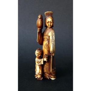 Antique Japanese Okimono Court Lady With Falcon And Child Signed Gyokuhō Meiji 19th Century